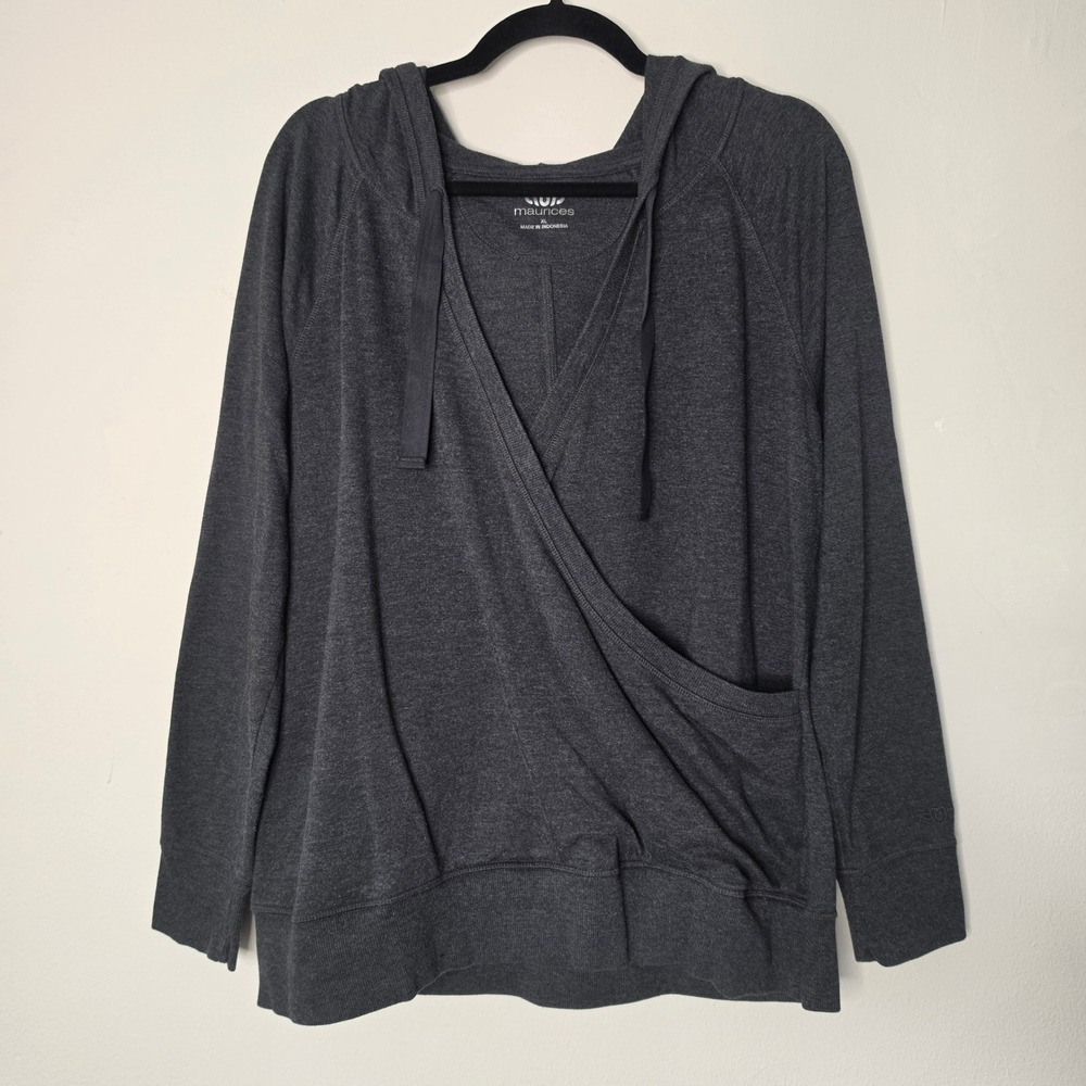 Maurices Hoodie Womens XL Gray Surplice Wrap Front V-Neck Pullover Long Sleeve